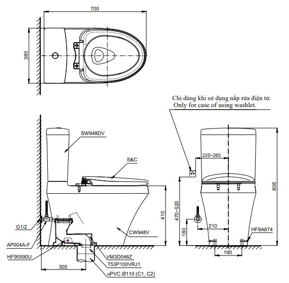 Bồn Cầu TOTO CS948DE2 Hai Khối Nắp Rửa Cơ TCW07S