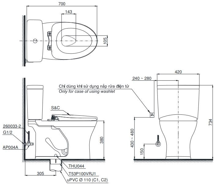 Bồn Cầu TOTO CS735DE4 Hai Khối Nắp Rửa Cơ TCW1211A