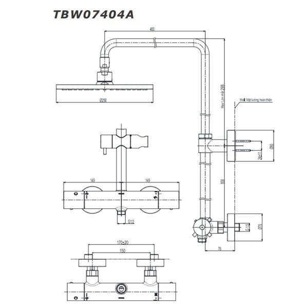 Sen cây tắm nhiệt độ TOTO TBW07404A bát tròn 250mm