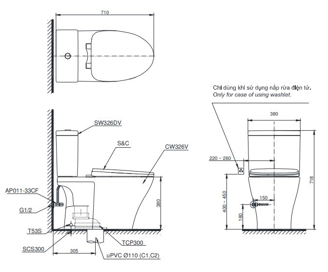 Bồn Cầu TOTO CS326DE2 Hai Khối Nắp Rửa Cơ TCW07S