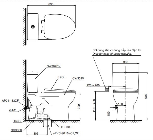 Bồn Cầu TOTO CS302DE2 Hai Khối Nắp Rửa Cơ TCW07S