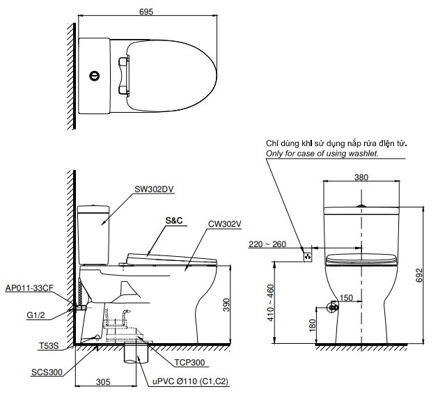 Bồn Cầu TOTO CS302DE4 Hai Khối Nắp Rửa Cơ TCW1211A