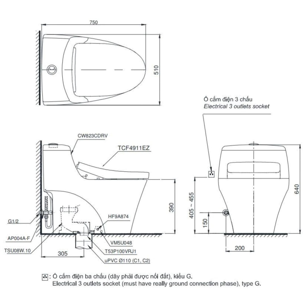 Bồn Cầu Điện Tử 1 Khối TOTO MS823CDRW23 Nắp Rửa Washlet TCF47360GAA S7 Giấu Dây