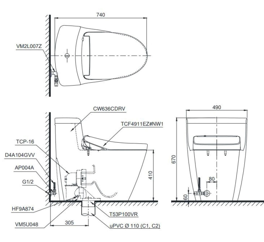 Bồn Cầu Điện Tử 1 Khối TOTO MS636CDRW23 Nắp Rửa Washlet TCF47360GAA S7 Giấu Dây