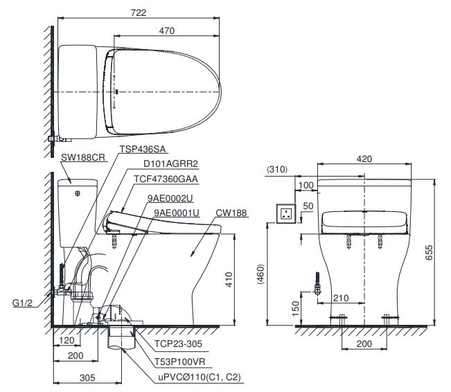 Bồn Cầu Điện Tử TOTO MS188VKW23/T53P100VR Nắp Washlet TCF47360GAA S7