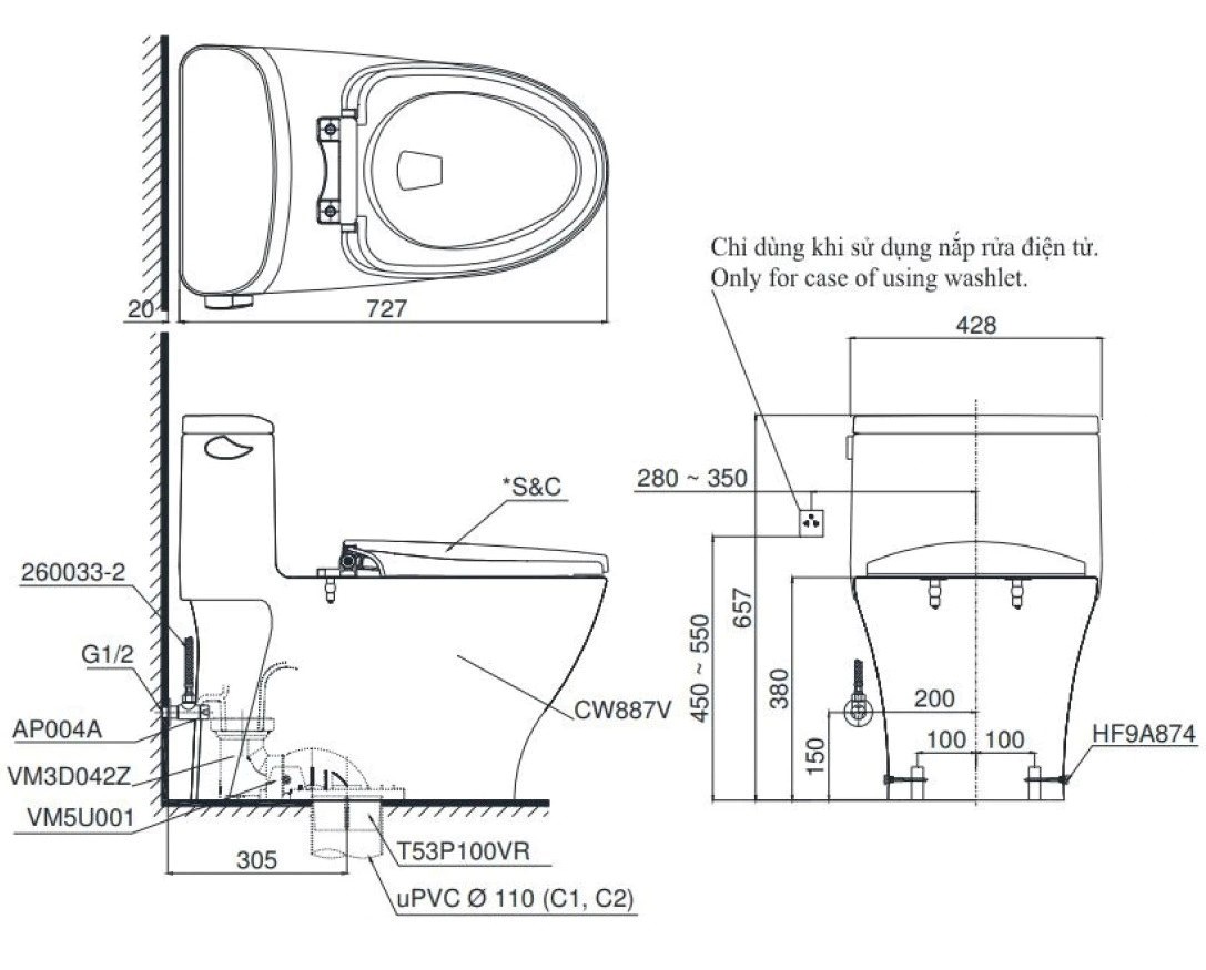 Bồn Cầu Điện Tử 1 Khối TOTO MS887CRW23 Nắp Rửa Washlet TCF47360GAA S7