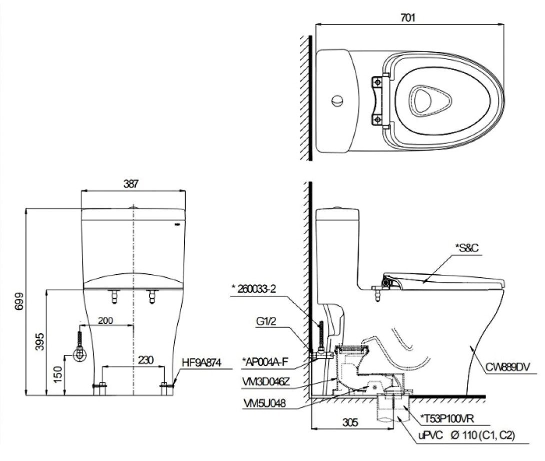 Bồn Cầu Điện Tử 1 Khối TOTO MS889CDRW23 Nắp Rửa Washlet TCF47360GAA S7
