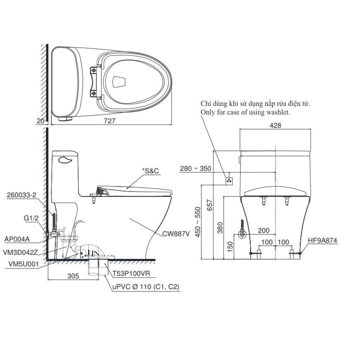 Bồn cầu đặt sàn điện tử TOTO MS887CRW15 Washlet dòng C5