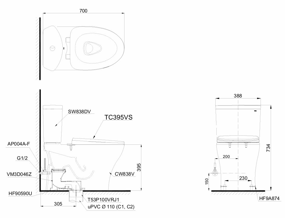 Bồn Cầu TOTO CS838DT10 Nắp Êm TC395VS 2 Khối
