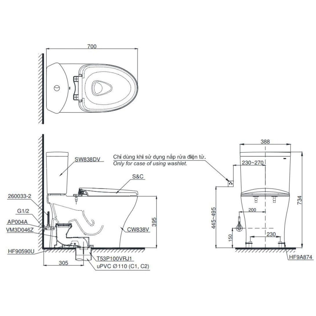 Bồn Cầu TOTO CS838DT8 Hai Khối Nắp TC600VS