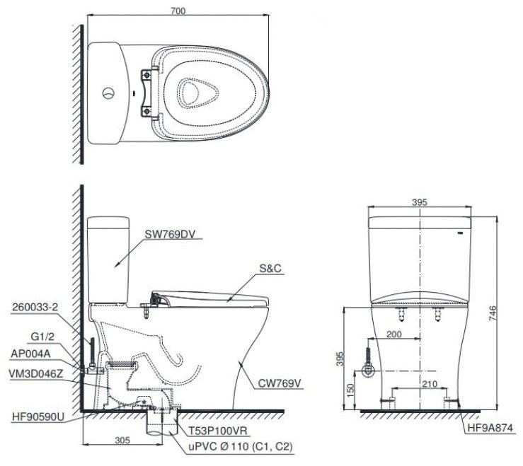 Bồn Cầu Đặt Sàn TOTO CS769DRT10 Hai Khối Nắp Êm TC395VS