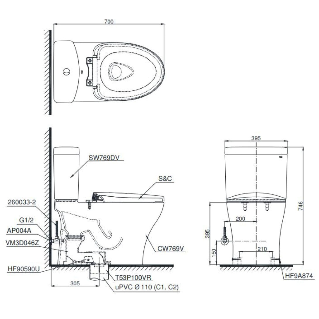 Bồn Cầu TOTO CS769DRT8 (CS769DT8) Hai Khối Nắp TC600VS