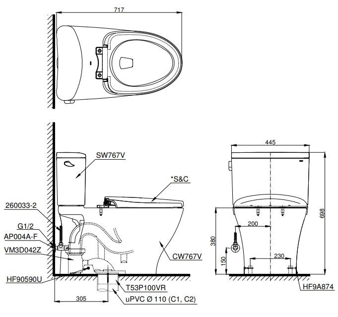 Bồn Cầu TOTO CS767RT8 (CS767T8) Hai Khối Nắp TC600VS