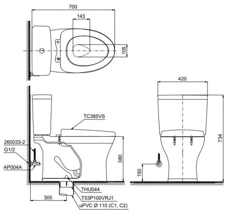 Bồn Cầu TOTO CS735DT10 Nắp Êm TC395VS 2 Khối
