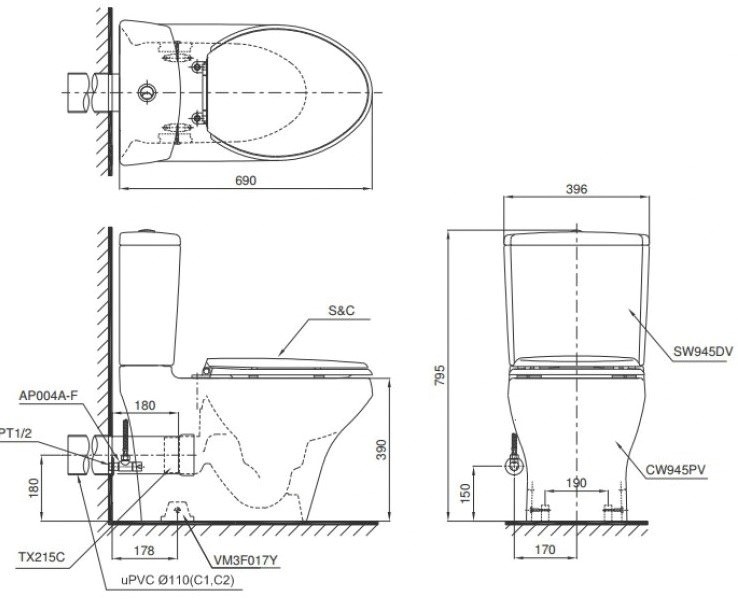 Bồn Cầu Hai Khối TOTO CS945PDT10 Thoát Ngang Nắp Đóng Êm TC395VS