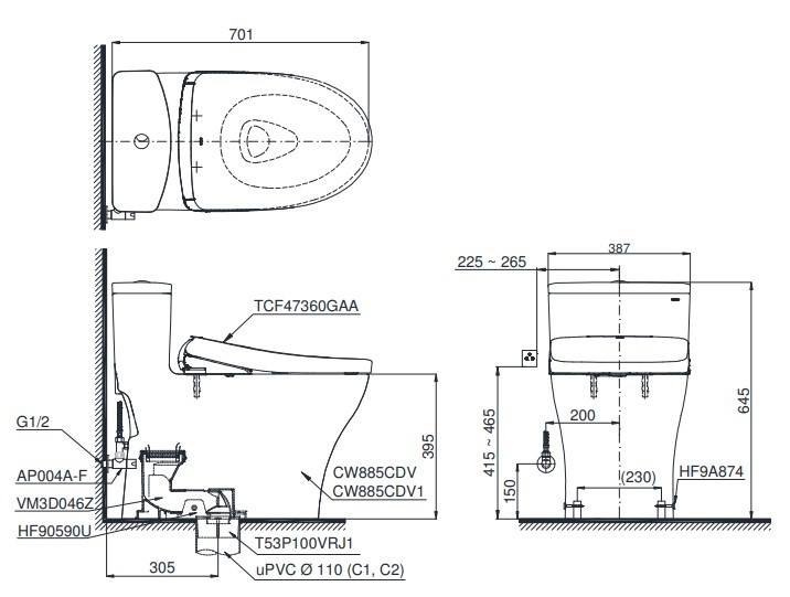 Bồn Cầu Điện Tử 1 Khối TOTO MS885CDW23 Nắp Rửa Washlet TCF47360GAA S7