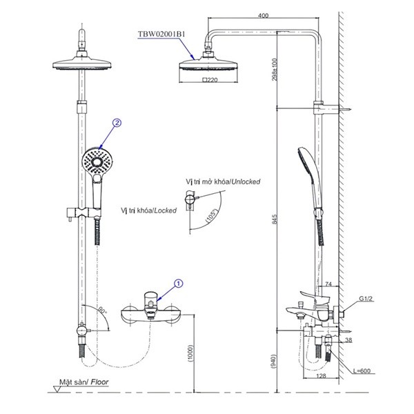 Thân Sen Cây Tắm Đứng TOTO TBW02001BA Bát Sen Vuông 220mm