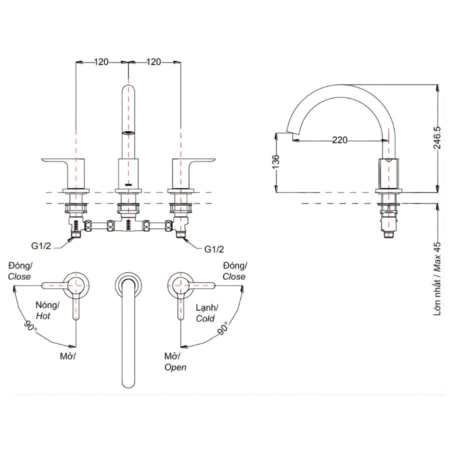 Vòi xả bồn tắm 3 lỗ nóng lạnh TOTO TBS01201BA
