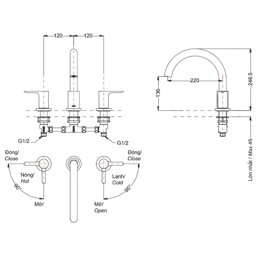 Vòi xả bồn tắm 3 lỗ nóng lạnh TOTO TBS02201BA