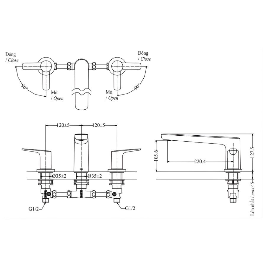 Vòi xả bồn tắm 3 lỗ nóng lạnh TOTO TBG03201BA