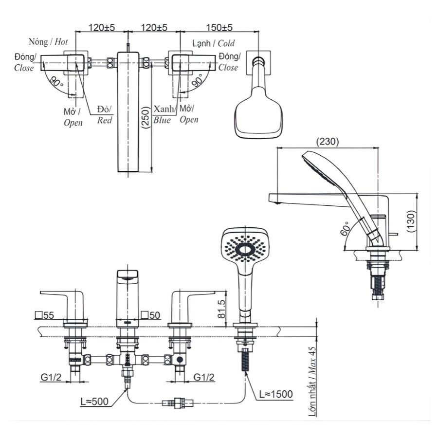 Vòi xả bồn tắm nóng lạnh TOTO 4 lỗ TBG10202A
