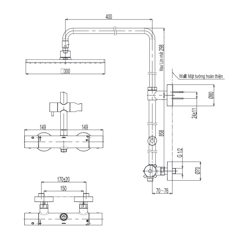 Sen cây tắm nhiệt độ TOTO TBW08406A bát buông 300mm