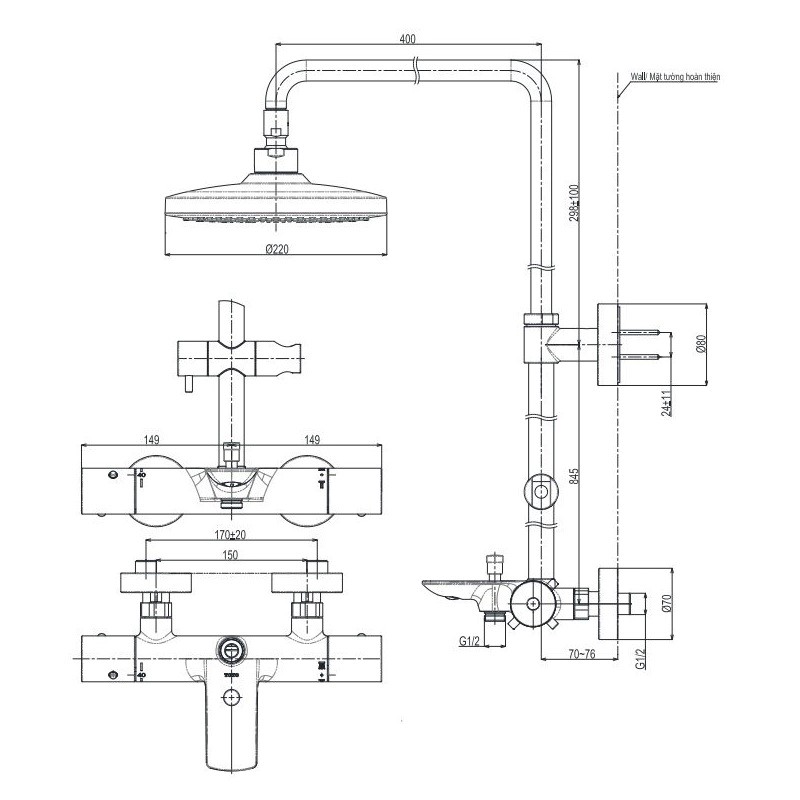 Thân Sen Cây Tắm Đứng TOTO TBW01401AA Bát Sen Tròn