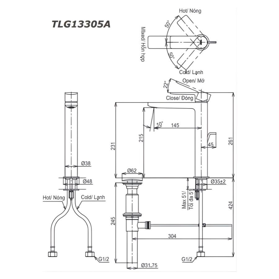Vòi lavabo nóng lạnh TOTO TLG13305A
